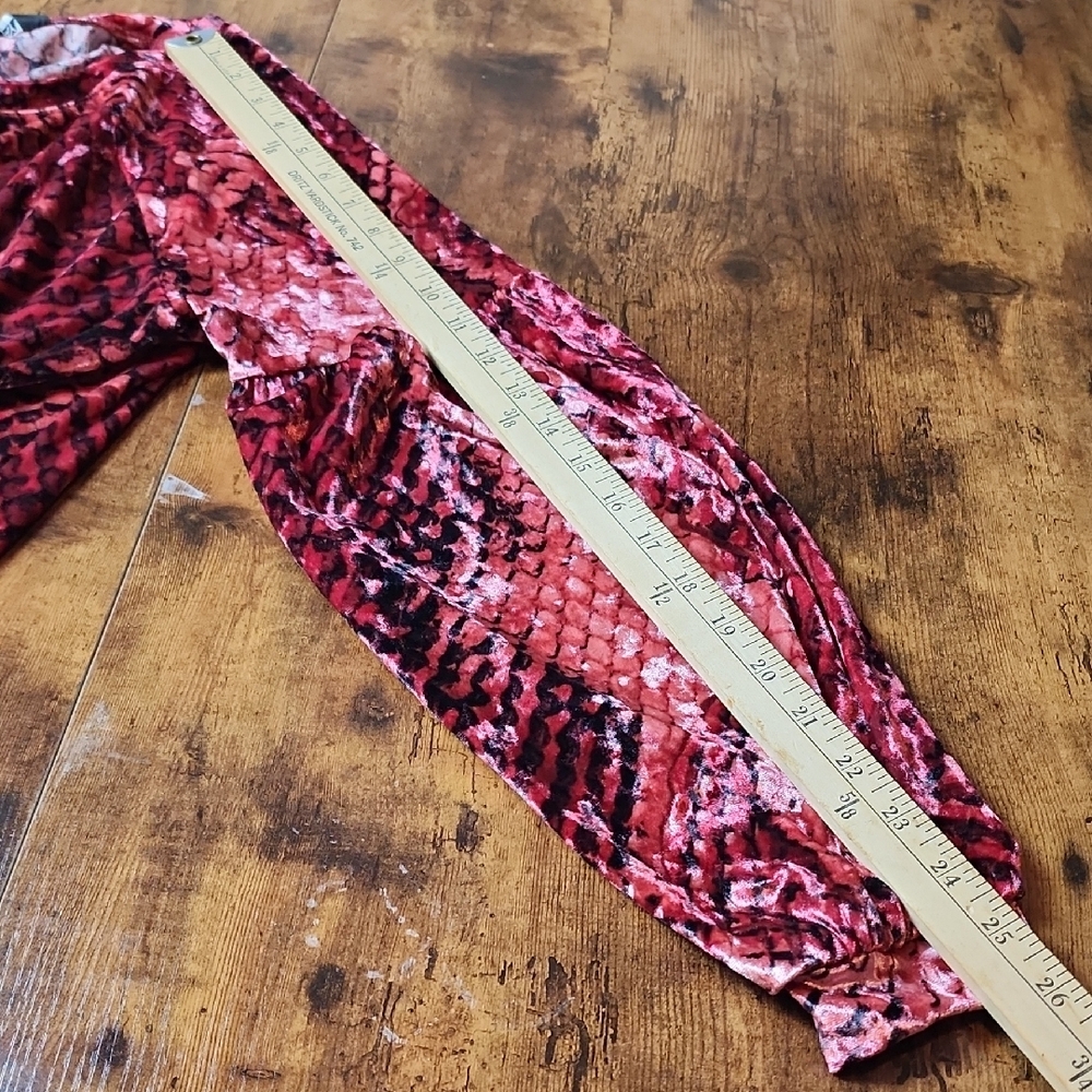 PROJECT RUNWAY |‎ Red Velvet Snakeskin Ruched Drawstring Balloon Sleeve Top | M - Picture 8 of 9